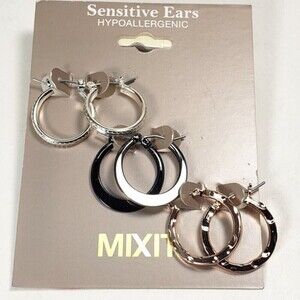 Hypoallergenic set of 3 Pairs of Hoop Earrings Set | Silver, Gold & Back color